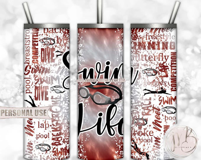 Swim Life 20oz Skinny Tumbler Wrap Sublimation Design Download • Maroon and Silver Tie Dye Swim Team Swimmer Gift • DIY Print & Press