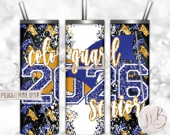 Blue and Athletic Gold Color Guard Senior 2026 20oz Skinny Tumbler Wrap Sublimation Design • Flag Performance Grad Gift  • DIY Print & Press