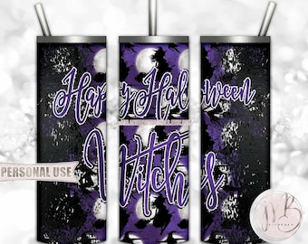 Purple Happy Halloween Witches 20oz Skinny Tumbler Wrap Sublimation Design • Witchy Halloween Party Ladies Night • DIY Print & Press