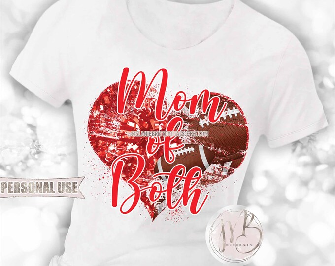 Red Mom of Both Heart T-Shirt Sublimation Download • Football Collage and Cheer Poms Sports Mom T-Shirt Gift • DIY Print and Press