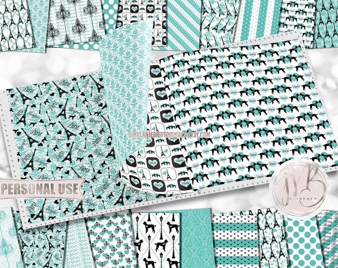 Teal and Black Paris Scrapbook Paper Download • Eiffel Tower Romantic Love Vacation Honeymoon • Scrapbooking Printable