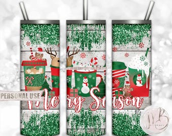 Christmas "Merry Season" 20oz Skinny Tumbler Wrap Sublimation Download • Cute Reindeer Gingerbread and Snowman Cups • DIY Print and Press