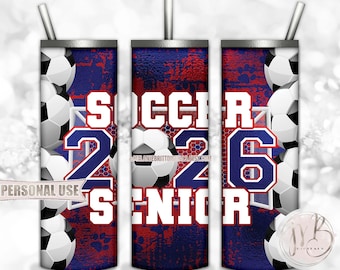 Soccer Senior 2026 20oz Skinny Tumbler Wrap Sublimation Design Download • Blue and Red Paw Prints Senior Grad Gift • DIY Print & Press