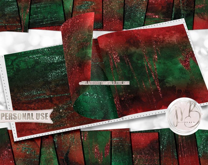 Christmas Glam Alcohol Ink Scrapbook Paper Download • Glitter Inked Dark Red and Green Abstract • Printable Paper Crafts 20 12x12 JPG & PDF