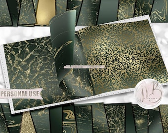 Hunter Green Serene Scrapbook Paper Download • Crackle Design Gold Glitter and Foil • DIY Printable Paper Crafts 25 12x12 JPG & PDF