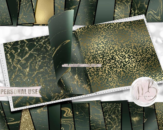Hunter Green Serene Scrapbook Paper Download • Crackle Design Gold Glitter and Foil • DIY Printable Paper Crafts 25 12x12 JPG & PDF