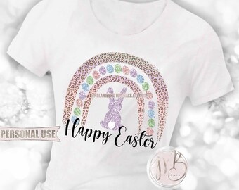 Easter Rainbow T-Shirt Sublimation Design Download • Glitter Bunny and Eggs with Leopard Print Easter Basket Gift • DIY Print and Press