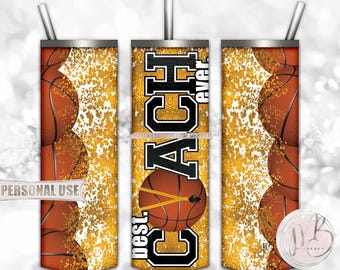 Athletic Gold Basketball Coach 20oz Skinny Tumbler Wrap Sublimation Download • Lanyard Whistle "Best Coach Ever" Gift • DIY Print and Press