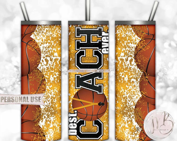 Basketball Coach Tumbler Download • Athletic Gold School Colors Lanyard Whistle "Best Coach Ever" • Sublimation Print and Press