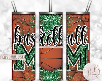 Green Glitter Basketball Mom 20oz Skinny Tumbler Wrap Sublimation Design Download • Basketball Collage Sports Mom Gift • DIY Print and Press