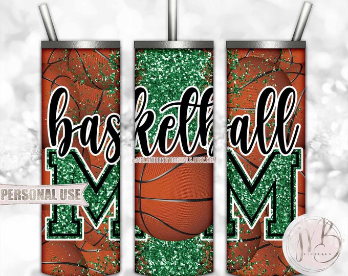 Green Glitter Basketball Mom 20oz Skinny Tumbler Wrap Sublimation Design Download • Basketball Collage Sports Mom Gift • DIY Print and Press