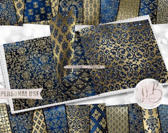 Prussian Blue and Gold Damask Scrapbook Paper Download • Victorian Damask Glitter and Foil Design • Printable Paper Crafts 20 12x12 JPG PDF