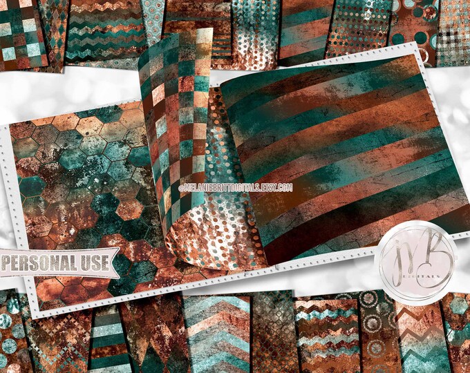 Copper Patina Grunge Patterned Scrapbook Paper Download • Distressed Vintage Antiqued • DIY Scrapbooking Printable 20 12x12 JPG & PDF