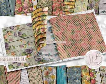 Vintage Floral Rustic Wood Scrapbook Paper Download • Antiqued Wooden Decoupaged Flower Design • Printable Paper Crafts 20 12x12 JPG & PDF