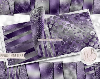 Purple and Silver Glam Scrapbook Paper Download • Sparkling Glitter and Shimmering Foil Design • Printable Paper Crafts 20 12x12 JPG & PDF