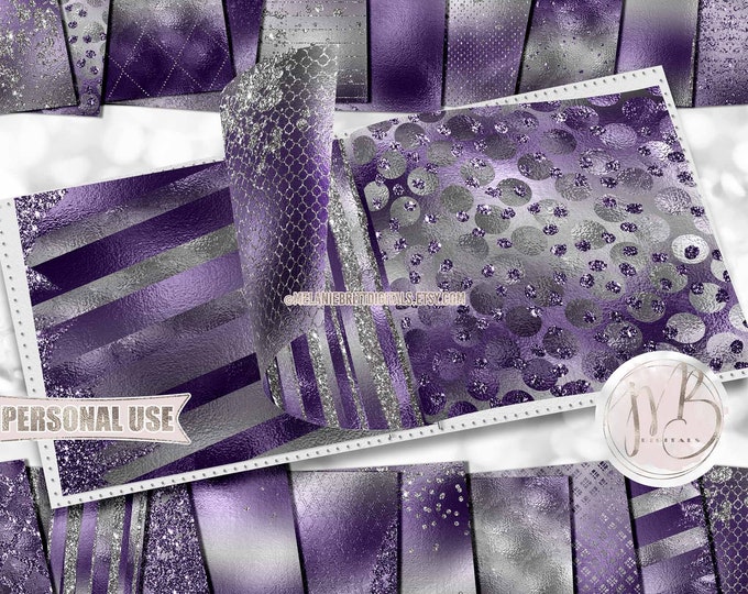 Purple and Silver Glam Scrapbook Paper Download • Sparkling Glitter and Shimmering Foil Design • Printable Paper Crafts 20 12x12 JPG & PDF