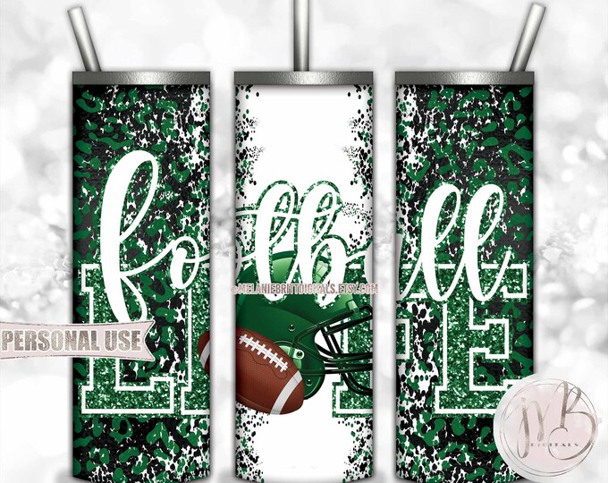 Green Football Life 20oz Skinny Tumbler Wrap Sublimation Design • Football Helmet Leopard Print School Sports Gift • DIY Print & Press