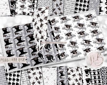 Silver Graduation Scrapbook Paper Download • Boy and Girl Graduates Mortarboard Diploma Tassel • DIY Printable Paper Crafts 20 12x12 JPG PDF
