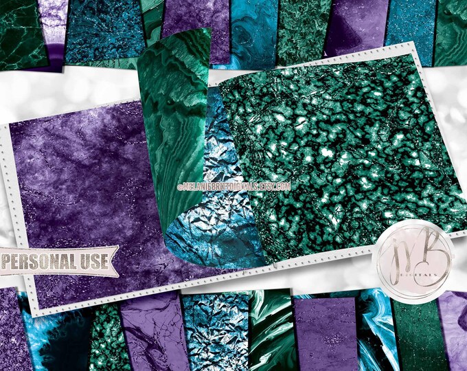 Emerald Purple Blue Agate and Marble Scrapbook Paper Download • Realistic Geode Stone Vein Design • Printable Paper Crafts 20 12x12 JPG PDF