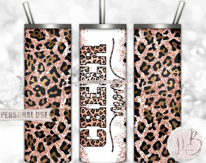 Peach Cheer Mom Glitter 20oz Skinny Tumbler Wrap Sublimation Design Download • Leopard Print Cheerleader Mom Gift • DIY Print & Press
