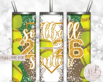 Athletic Gold Softball Senior 2026 20oz Skinny Tumbler Wrap Sublimation Design Download • Softball Glitter Grad Gift • DIY Print & Press