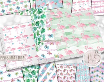 Flamingo Scrapbook Paper Download • "Let's Flamingle" Tropical Floral Watercolor Design • DIY Printable Paper Crafts 12 12x12 JPG & PDF