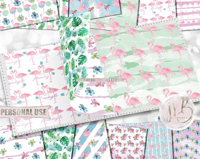 Flamingo Scrapbook Paper Download • "Let's Flamingle" Tropical Floral Watercolor Design • DIY Printable Paper Crafts 12 12x12 JPG & PDF