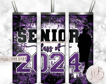 Purple Graduation Senior 2024 20oz Skinny Tumbler Wrap Sublimation PNG Download • Girl Graduate Graduation Cap Glitter • Seamless Design