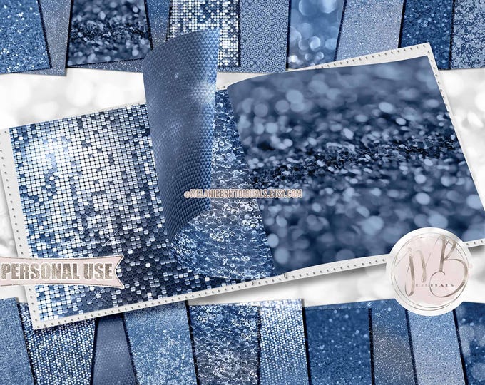 Winter Blues Glitzy Scrapbook Paper Download • Sparkling Glitter Bokeh Sequins Mosaic Design • Printable Paper Crafts 20 12x12 JPG & PDF