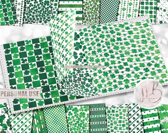 St. Patrick’s Day Scrapbook Paper Download • Shamrocks & Clovers Patterned Shimmering Foil Design • Printable Paper Crafts 20 12x12 JPG PDF