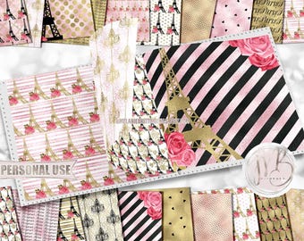 Pink and Gold Paris Scrapbook Paper Download • Eiffel Tower Romantic Honeymoon Shimmering Foil • Printable Paper Crafts 20 12x12 JPG & PDF
