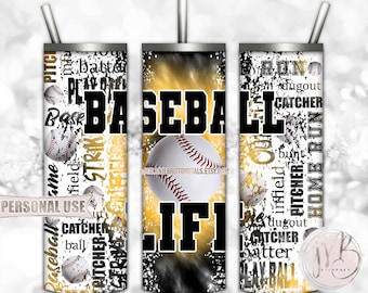 Baseball Life 20oz Skinny Tumbler Wrap Sublimation Design • Athletic Gold & Black Tie Dye Typography Baseball Gift • DIY Print and Press