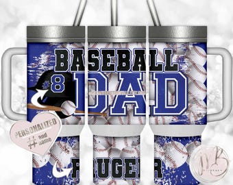 Royal Blue Baseball Dad 40oz Travel Tumbler Wrap Sublimation Download • Personalized Number on Helmet and Name on Bottom • DIY Print & Press