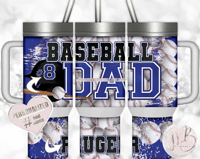 Royal Blue Baseball Dad 40oz Travel Tumbler Wrap Sublimation Download • Personalized Number on Helmet and Name on Bottom • DIY Print & Press
