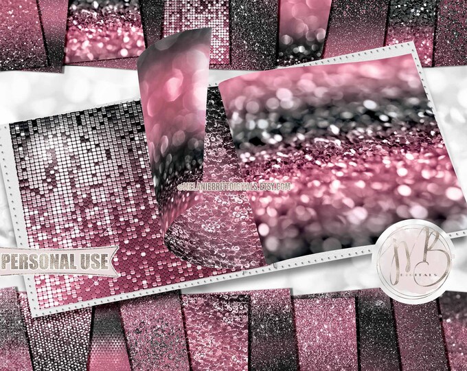 Pink and Black Glitzy Scrapbook Paper Download • Sparkling Glitter Shiny Bokeh Sequins Mosaic • Printable Paper Crafts 20 12x12 JPG & PDF