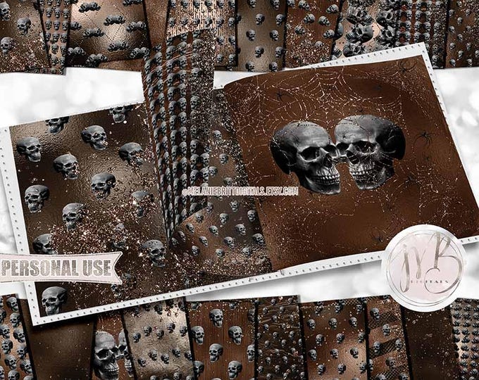 Sable Brown Glam Gothic Skulls Scrapbook Paper Download • Sparkling Glitter and Shimmering Foil • Scrapbooking Printable