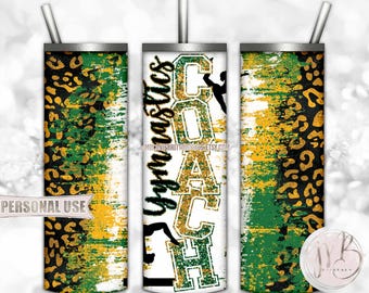 Gymnastics Coach 20oz Skinny Tumbler Wrap Sublimation Design Download • Green and Athletic Gold Leopard Print Coach Gift • DIY Print & Press