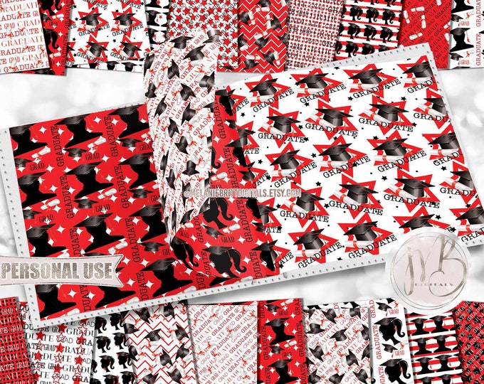 Red Graduation Scrapbook Paper Download • Boy and Girl Graduates Mortarboard Diploma Tassel • DIY Scrapbooking Printable