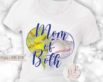 Blue Baseball and Softball Mom of Both Heart T-Shirt Sublimation Design Download • School Sports Ball Park Mom Gift • DIY Print and Press