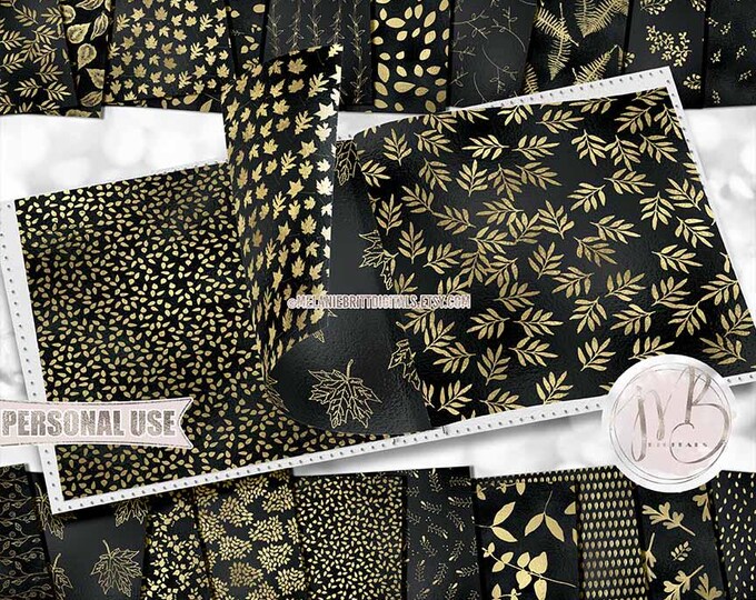 Black and Gold Autumn Scrapbook Paper Download • Golden Fall Leaves Shimmering Foil • Scrapbooking Printable