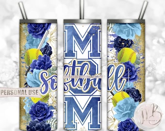 Floral Softball Mom 20oz Skinny Tumbler Wrap Sublimation Download • Blue Flowers Gold Splatter Sports Mom Gift • DIY Print and Press