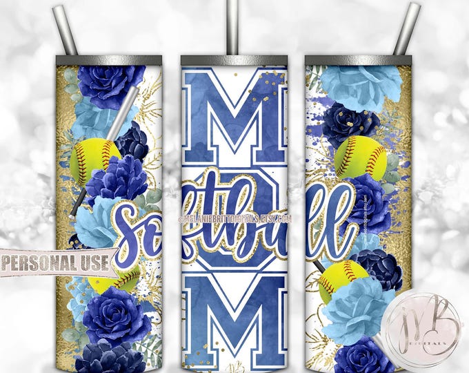 Floral Softball Mom 20oz Skinny Tumbler Wrap Sublimation Download • Blue Flowers Gold Splatter Sports Mom Gift • DIY Print and Press