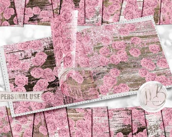 Pink Roses and Wood Scrapbook Paper Download • Distressed Rustic White and Dark Wood Design • Printable Paper Crafts 20 12x12 JPG & PDF