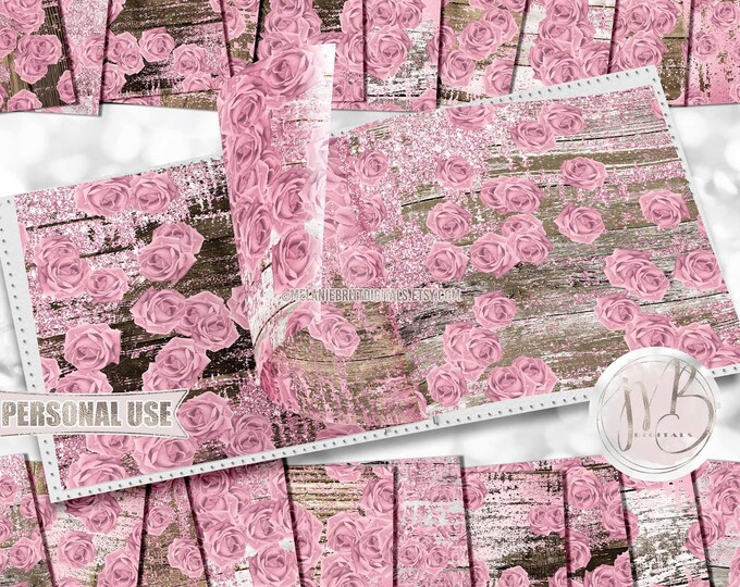 Pink Roses and Wood Scrapbook Paper Download • Distressed Rustic White and Dark Wood Design • Printable Paper Crafts 20 12x12 JPG & PDF