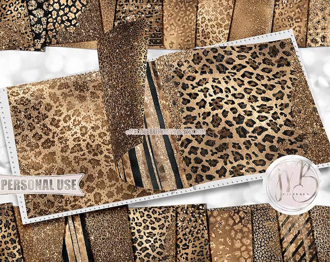 Golden Brown Glam Leopard Print Scrapbook Paper Download • Sparkling Glitter and Shimmering Foil • Scrapbooking Printable