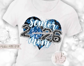 Baby Blue and Black Cheer Senior 2026 Mom Heart T-Shirt Sublimation Design • Paw Prints Pom Pom Megaphone Glitter • DIY Print and Press
