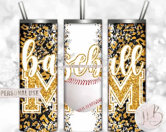 Athletic Gold Baseball Mom 20oz Skinny Tumbler Wrap Sublimation Design Download • Leopard Print Sports Mom Glitter • Sublimation Crafts