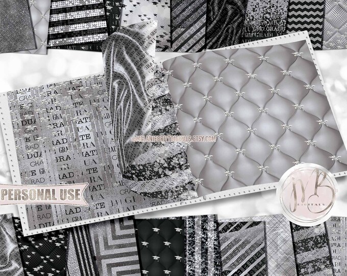 Silver Luxury Graduation Scrapbook Paper Download • Luxurious Diamond Mortarboards • DIY Scrapbooking Printable