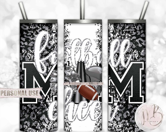 Silver Mom of Both Football and Cheer 20oz Skinny Tumbler Wrap Sublimation Design • Leopard Print Mom Gift • DIY Print and Press