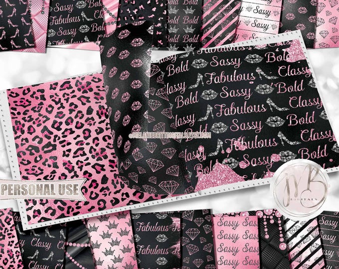 Pink and Black Sassy Scrapbook Paper Download • Diamond Bling Lips Heels Girly Glitter and Foil • Printable Paper Crafts 20 12x12 JPG & PDF